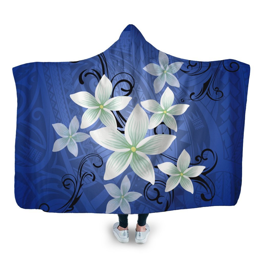 Hawaii Blue Plumeria Hooded Blanket - AH Hooded Blanket White - Polynesian Pride