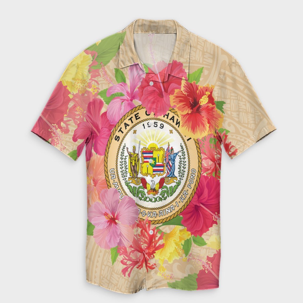 Hawaii Coat Of Arm Hibiscus Hawaiian Shirt - AH Unisex Black - Polynesian Pride