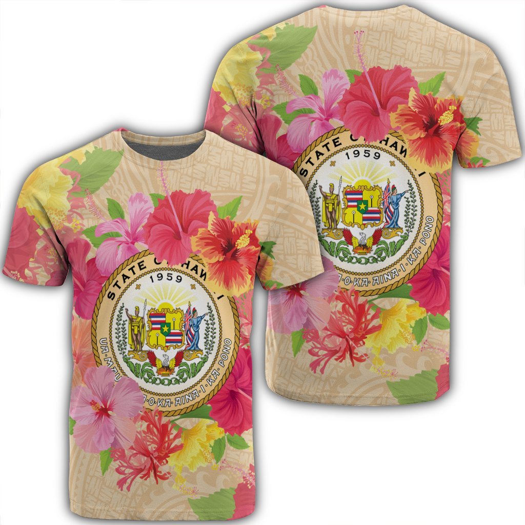 Hawaii Coat of Arm Hibiscus T Shirt Unisex Black - Polynesian Pride