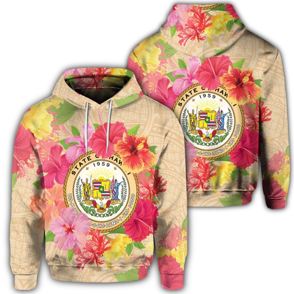 Hawaiian Coat of Arm Hibiscus Hoodie Unisex Art - Polynesian Pride