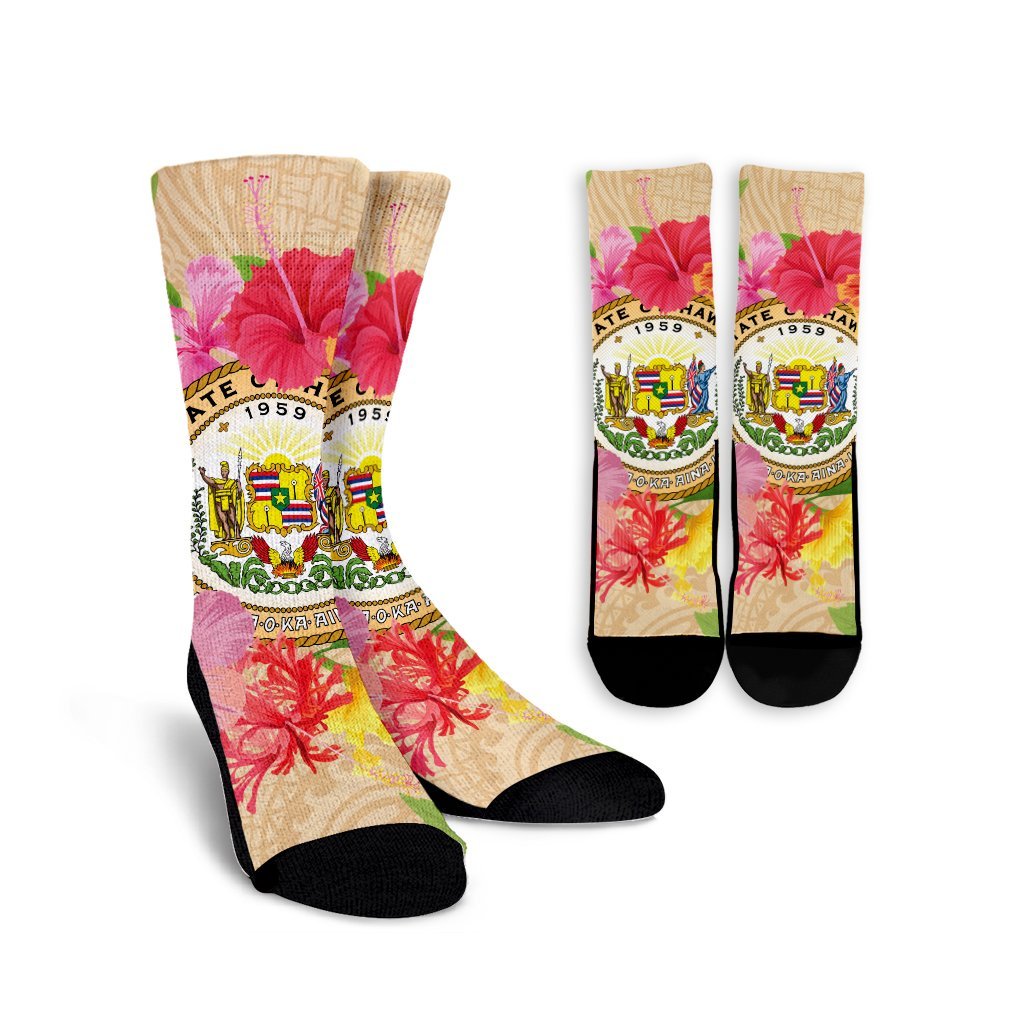 Hawaii Coat Of Arm Hibiscus Crew Socks - AH Crew Socks White - Polynesian Pride