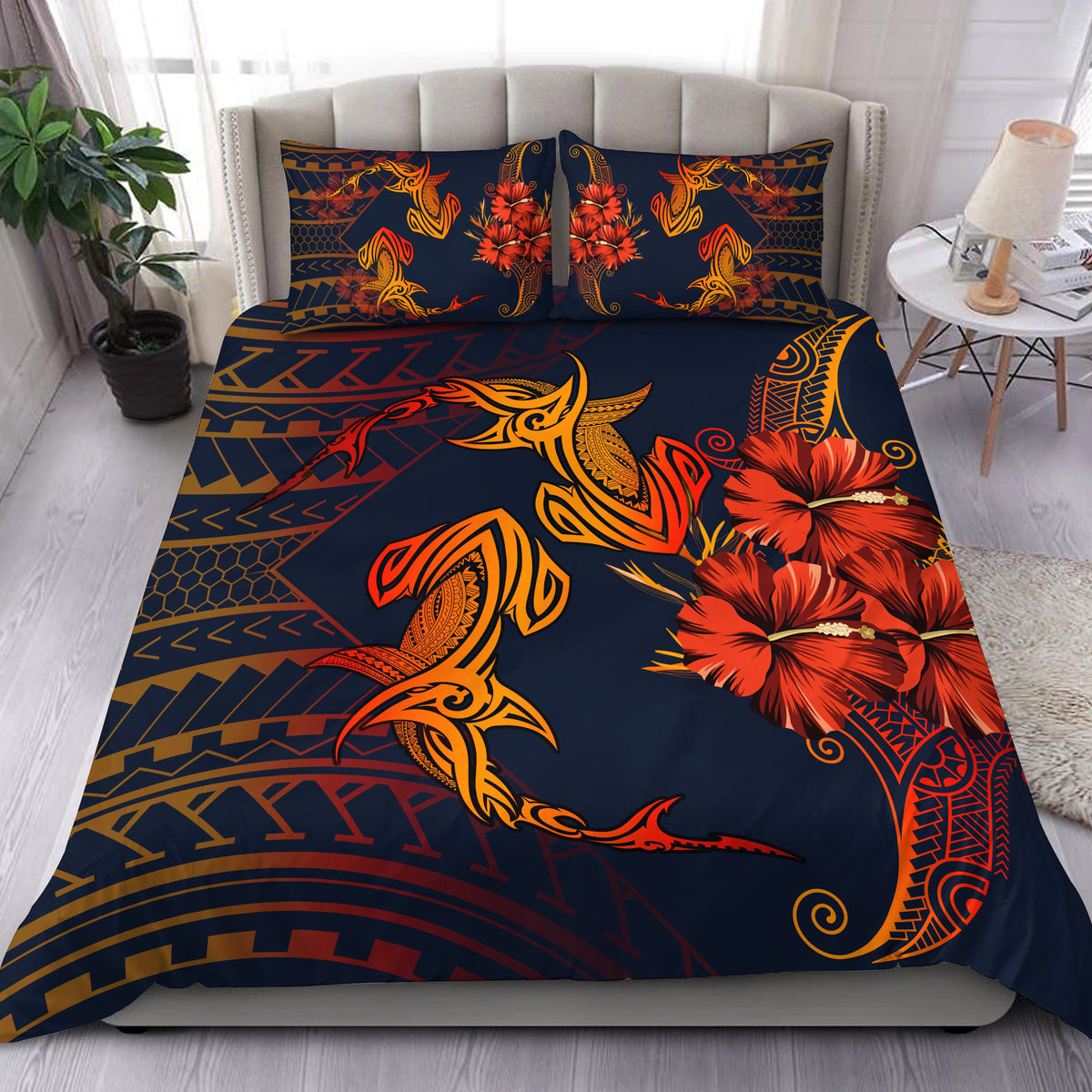 Hawaii Couple Shark Hibiscus Polynesian Bedding Set - Mina Style - AH Blue - Polynesian Pride