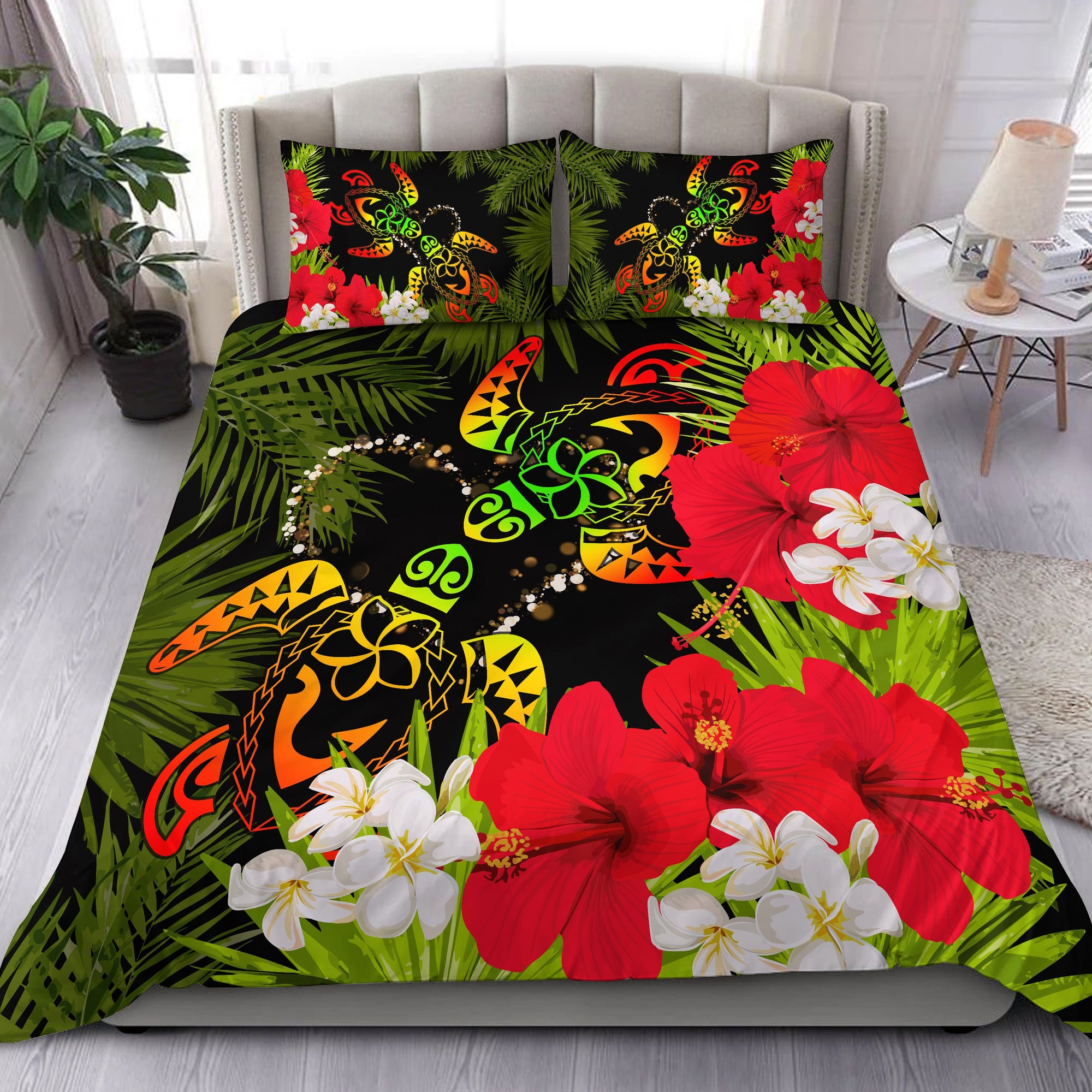 Hawaii Couple Turtle Hibiscus Tropical Valentine Bedding Set - Levi Style - AH Black - Polynesian Pride