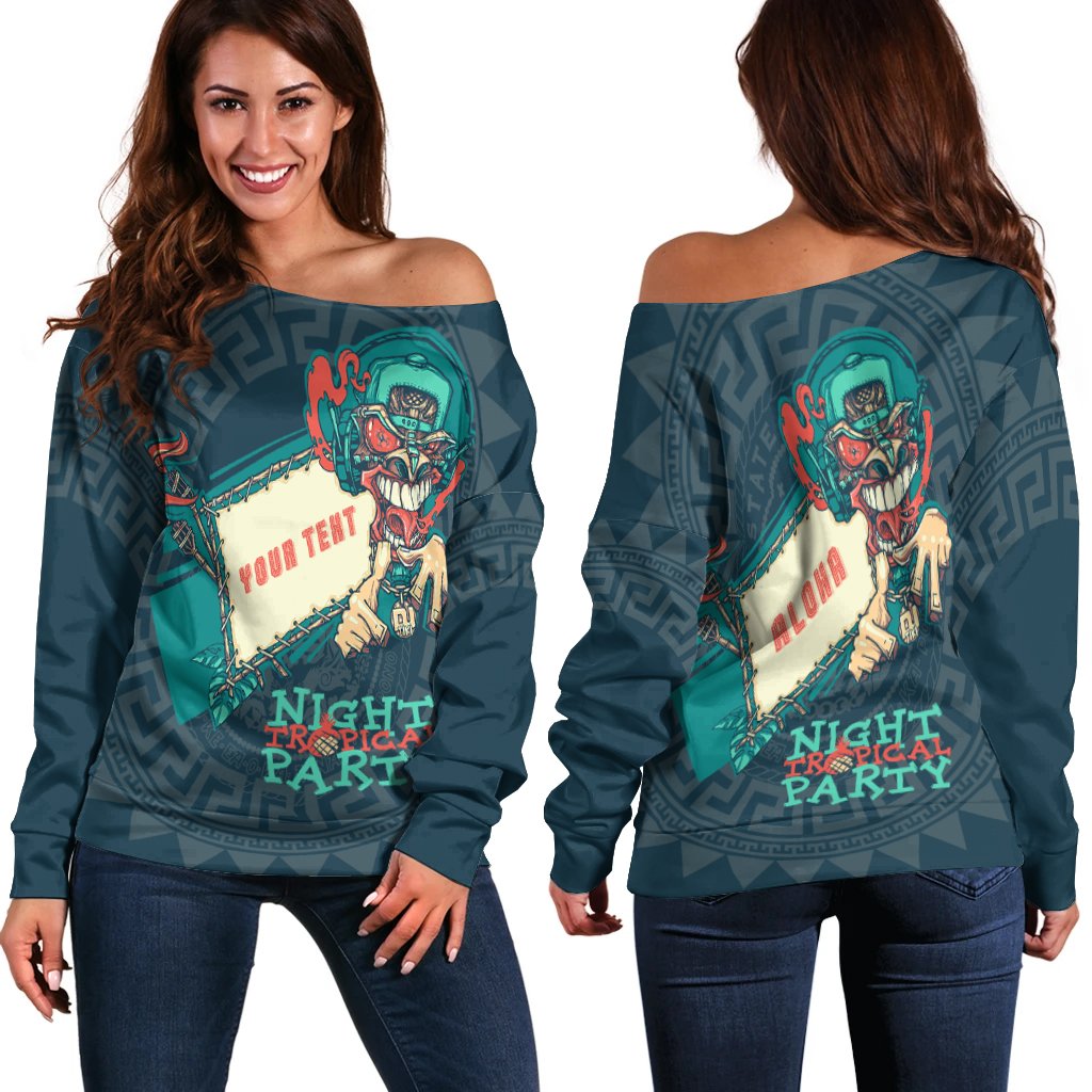 Hawaii Custom Personalized Women's Off Shoulder Sweater - Tiki DJ Party Green - Polynesian Pride