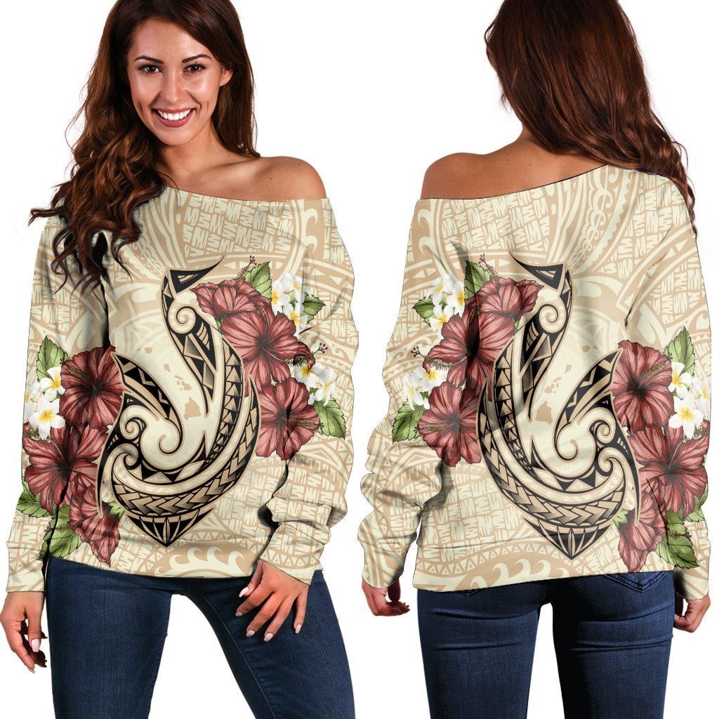 Hawaii Fish Hook Hibiscus Plumeria Polynesian Women's Off Shoulder Sweater - AH Black - Polynesian Pride