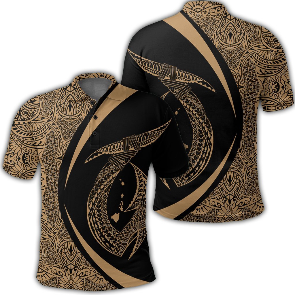 Hawaii Fish Hook Polynesian Polo Shirt Circle Style Gold Unisex Black - Polynesian Pride