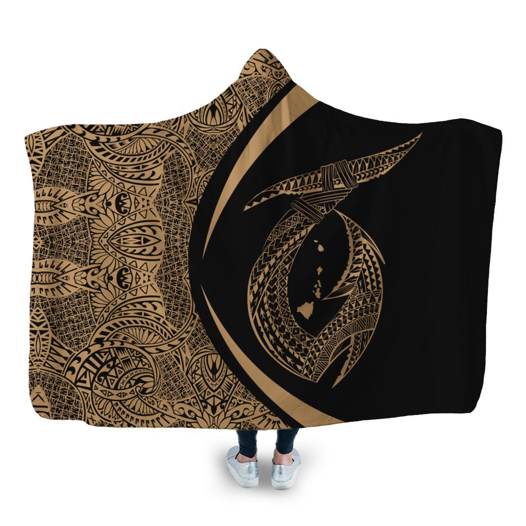 Hawaii Fish Hook Polynesian Hooded Blanket - Circle Style Gold - AH Hooded Blanket White - Polynesian Pride