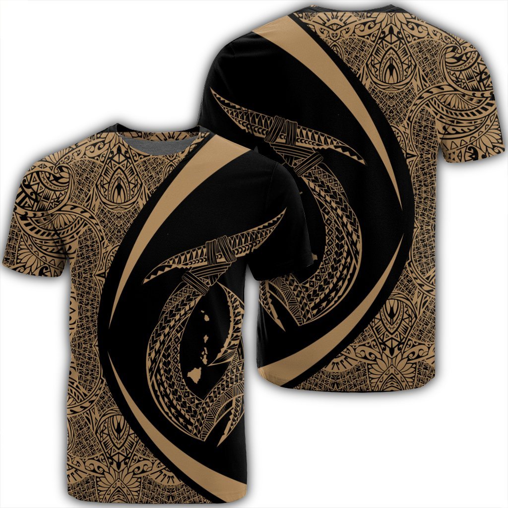 Hawaii Fish Hook Polynesian T Shirt Circle Style Gold Unisex Black - Polynesian Pride