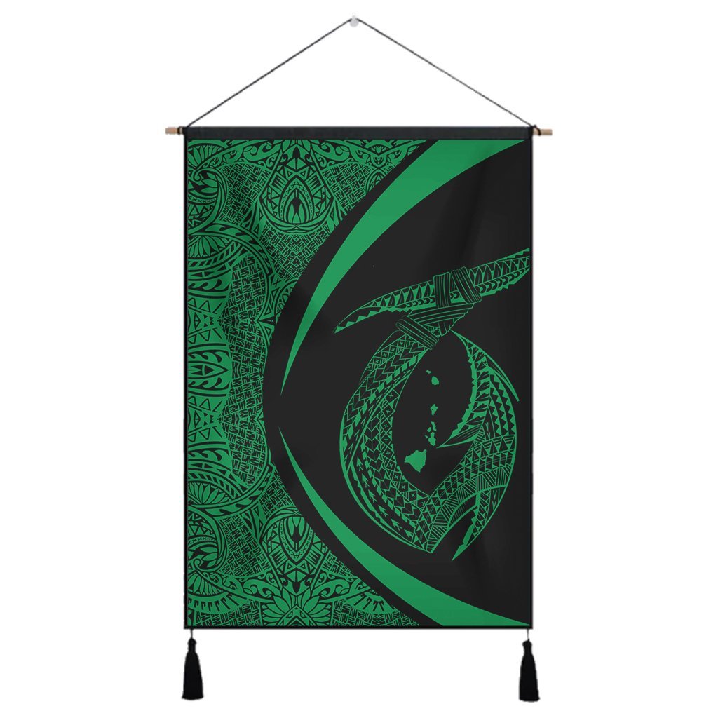 Hawaii Fish Hook Polynesian Hanging Poster - Circle Style Green - AH Hanging Poster Cotton And Linen - Polynesian Pride