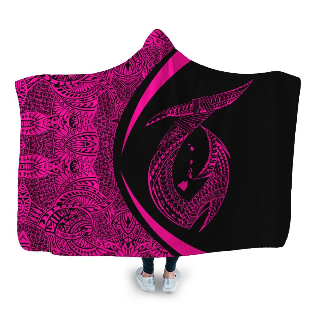 Hawaii Fish Hook Polynesian Hooded Blanket - Circle Style Pink - AH Hooded Blanket White - Polynesian Pride