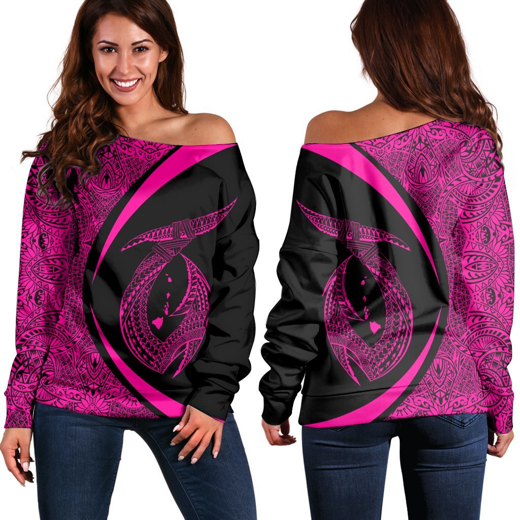 Hawaii Fish Hook Polynesian Women's Off Shoulder Sweater - Circle Style Pink - AH Black - Polynesian Pride