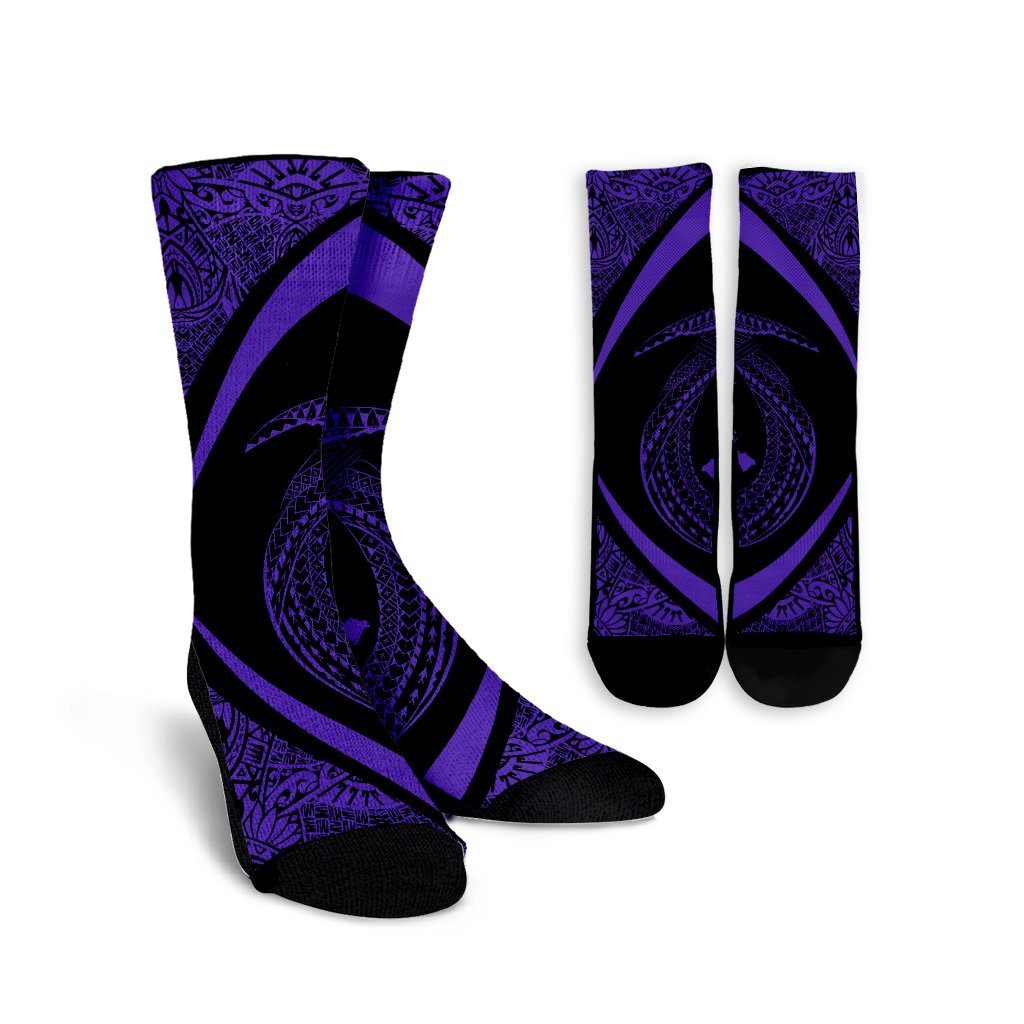 Hawaii Fish Hook Polynesian Crew Socks - Circle Style Purple - AH Crew Socks White - Polynesian Pride