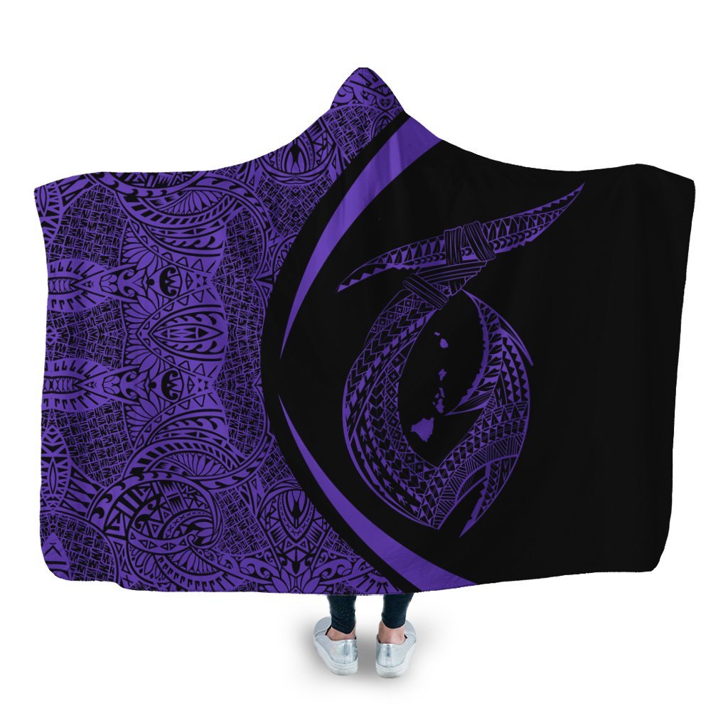 Hawaii Fish Hook Polynesian Hooded Blanket - Circle Style Purple - AH Hooded Blanket White - Polynesian Pride