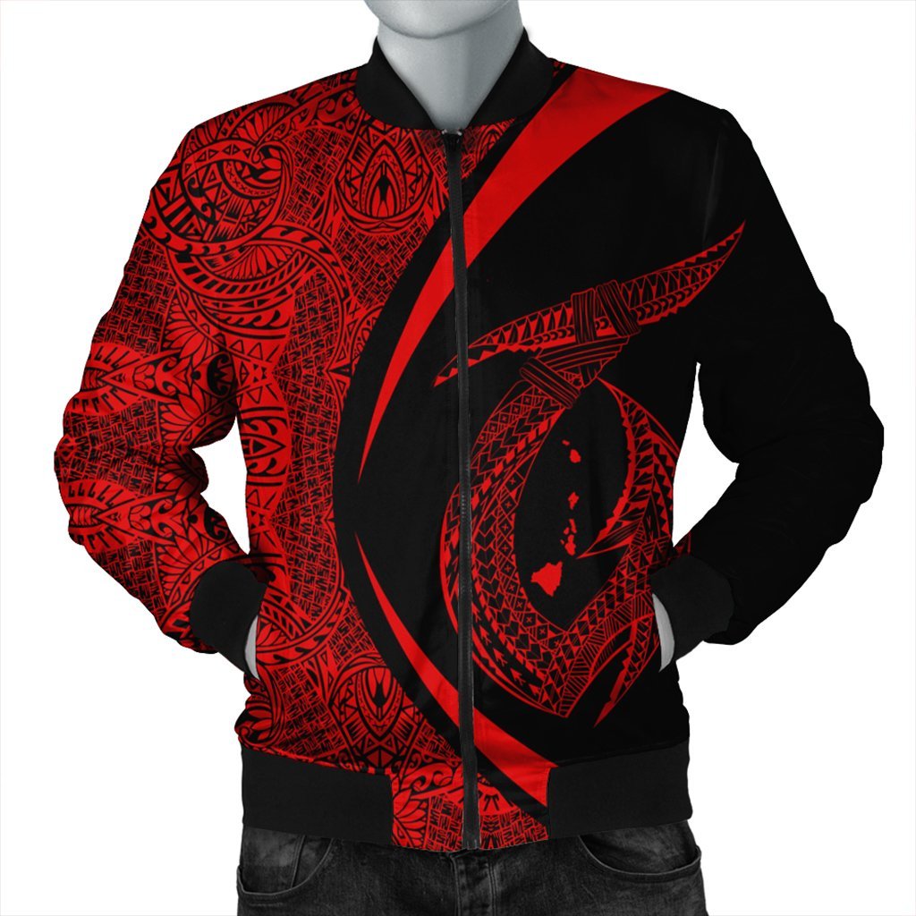 Hawaii Fish Hook Polynesian Bomber Jacket - Circle Style Red - AH Black Unisex - Polynesian Pride