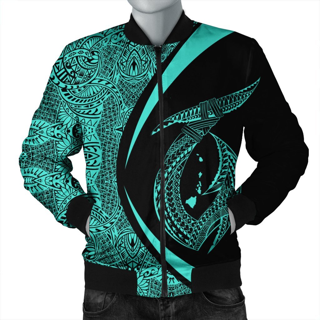 Hawaii Fish Hook Polynesian Bomber Jacket - Circle Style Turquoise - AH Black Unisex - Polynesian Pride