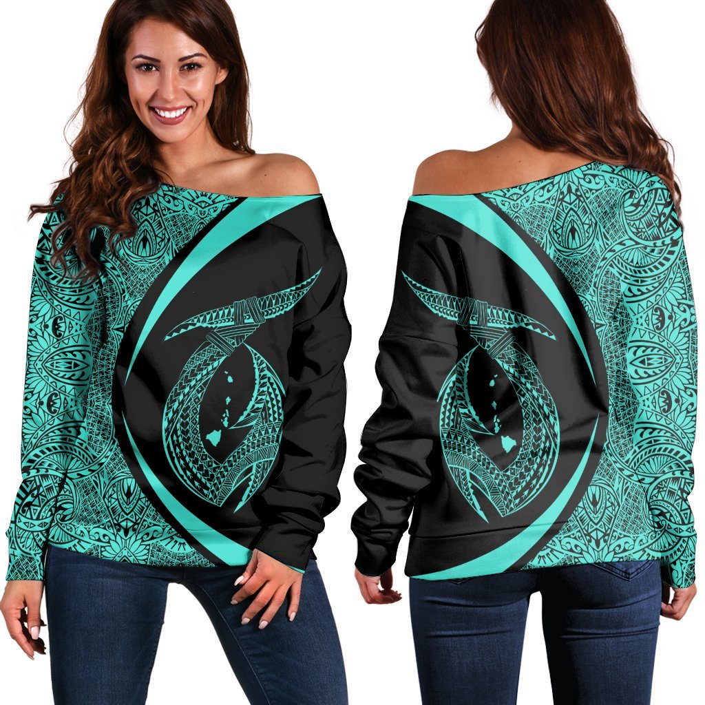 Hawaii Fish Hook Polynesian Women's Off Shoulder Sweater - Circle Style Turquoise - AH Black - Polynesian Pride