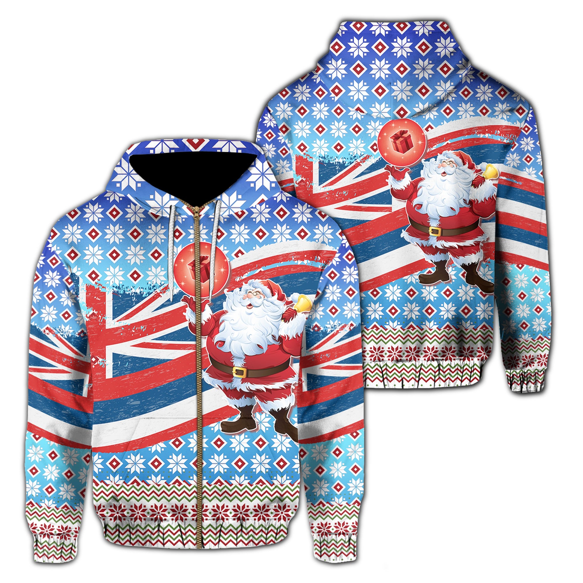 Hawaii Flag Santa Claus Pattern Christmas Hoodie Zip Noel Style Unisex Blue - Polynesian Pride