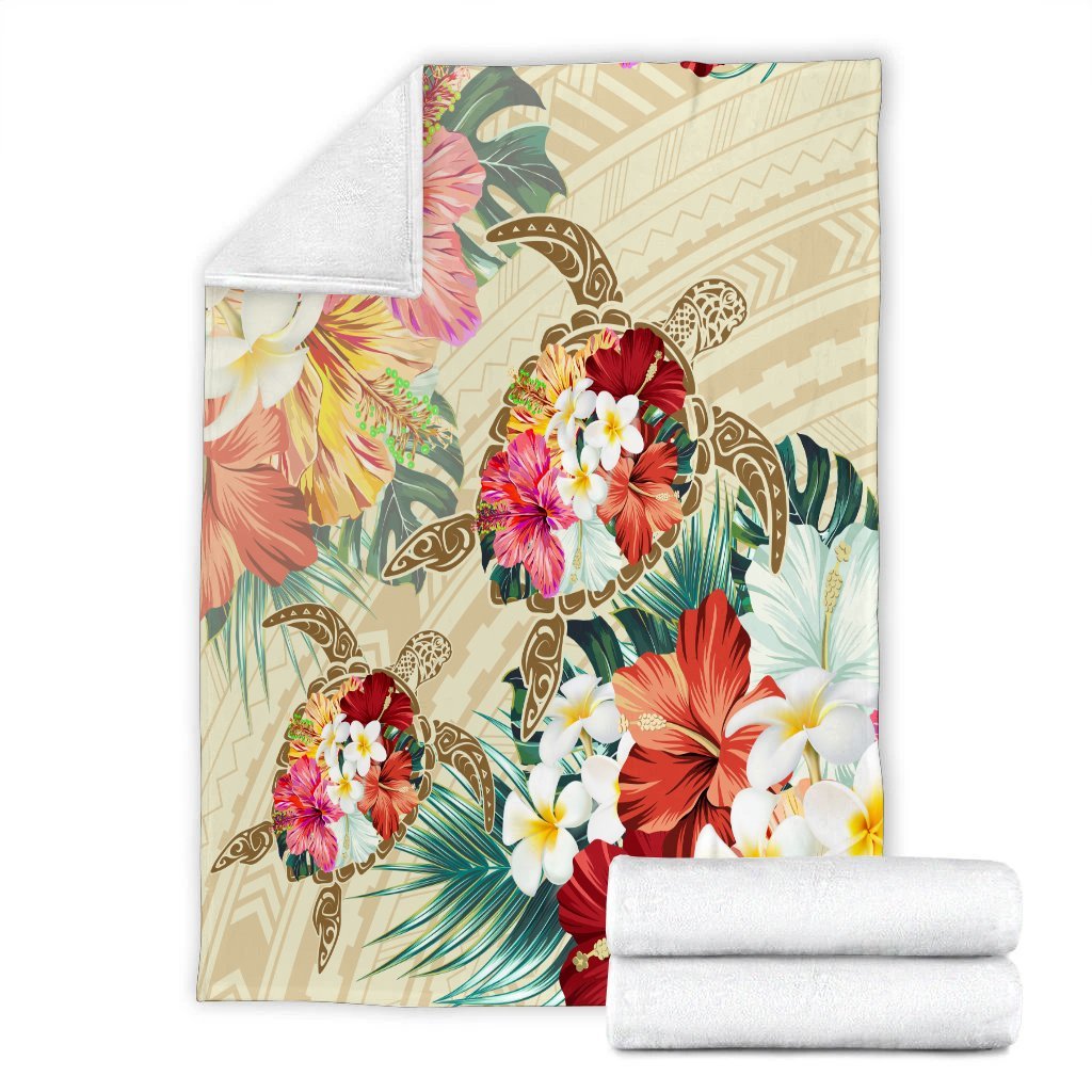 Hawaii Floral Turtle Premium Blankets - Beige - AH - Polynesian Pride