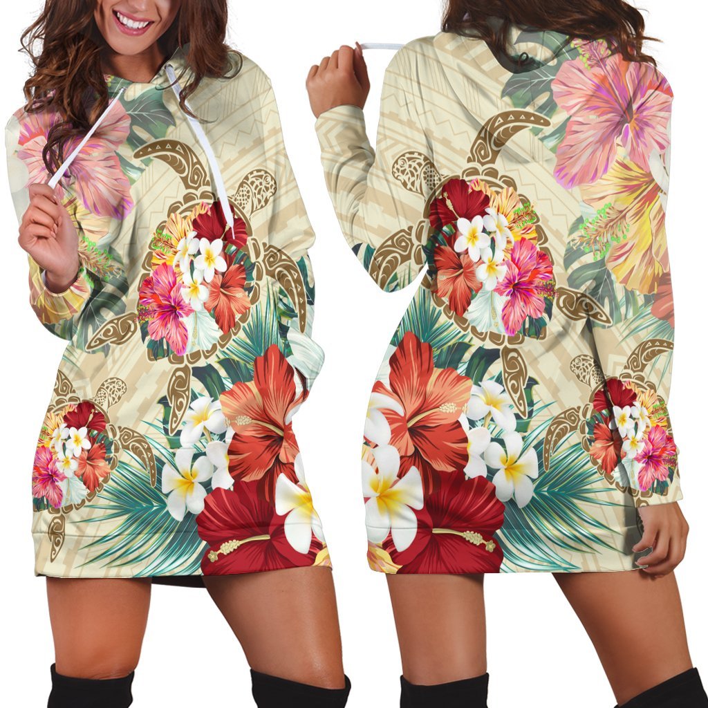 Hawaii Floral Turtle Hoodie Dress - Beige - AH Black - Polynesian Pride