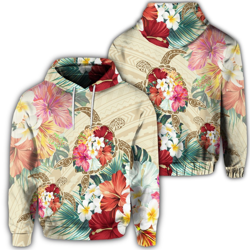 Hawaiian Floral Turtle Hoodie Beige Unisex Art - Polynesian Pride