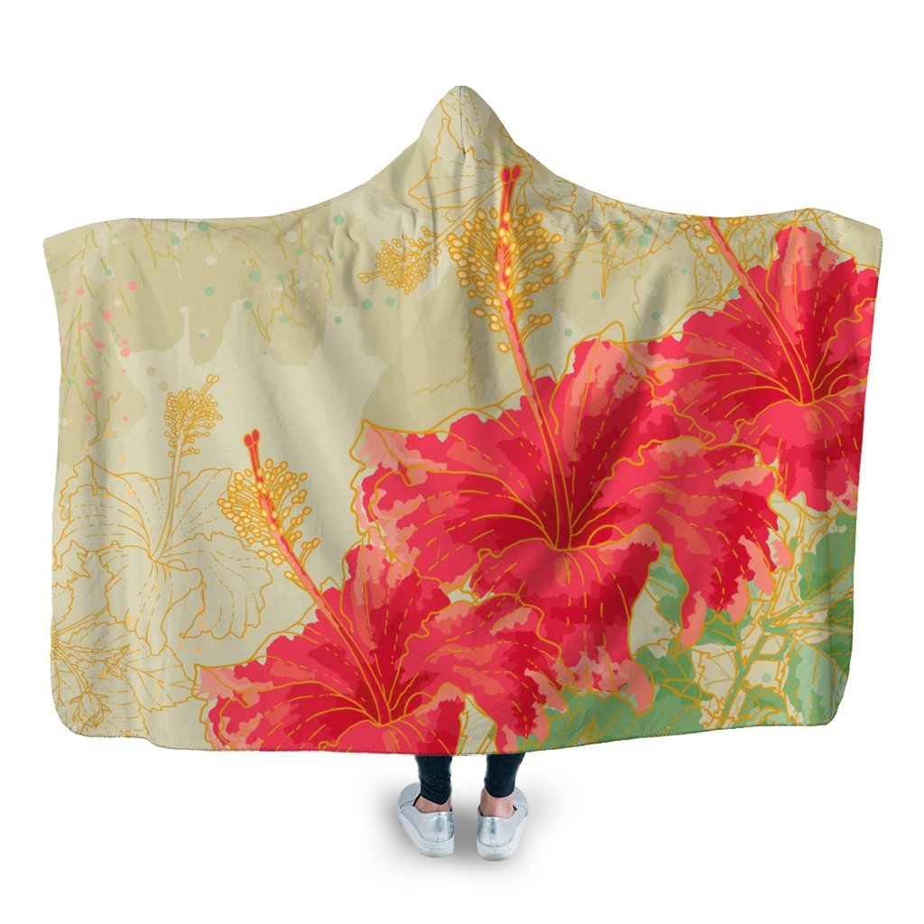 Hawaii Flower Hibiscus Hooded Blanket - AH Hooded Blanket White - Polynesian Pride