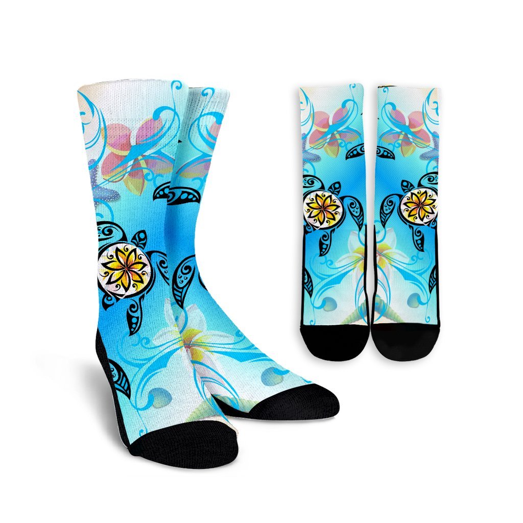 Hawaii Fresh Beach Turtle Plumeria Crew Socks - AH - Brian Style Crew Socks White - Polynesian Pride