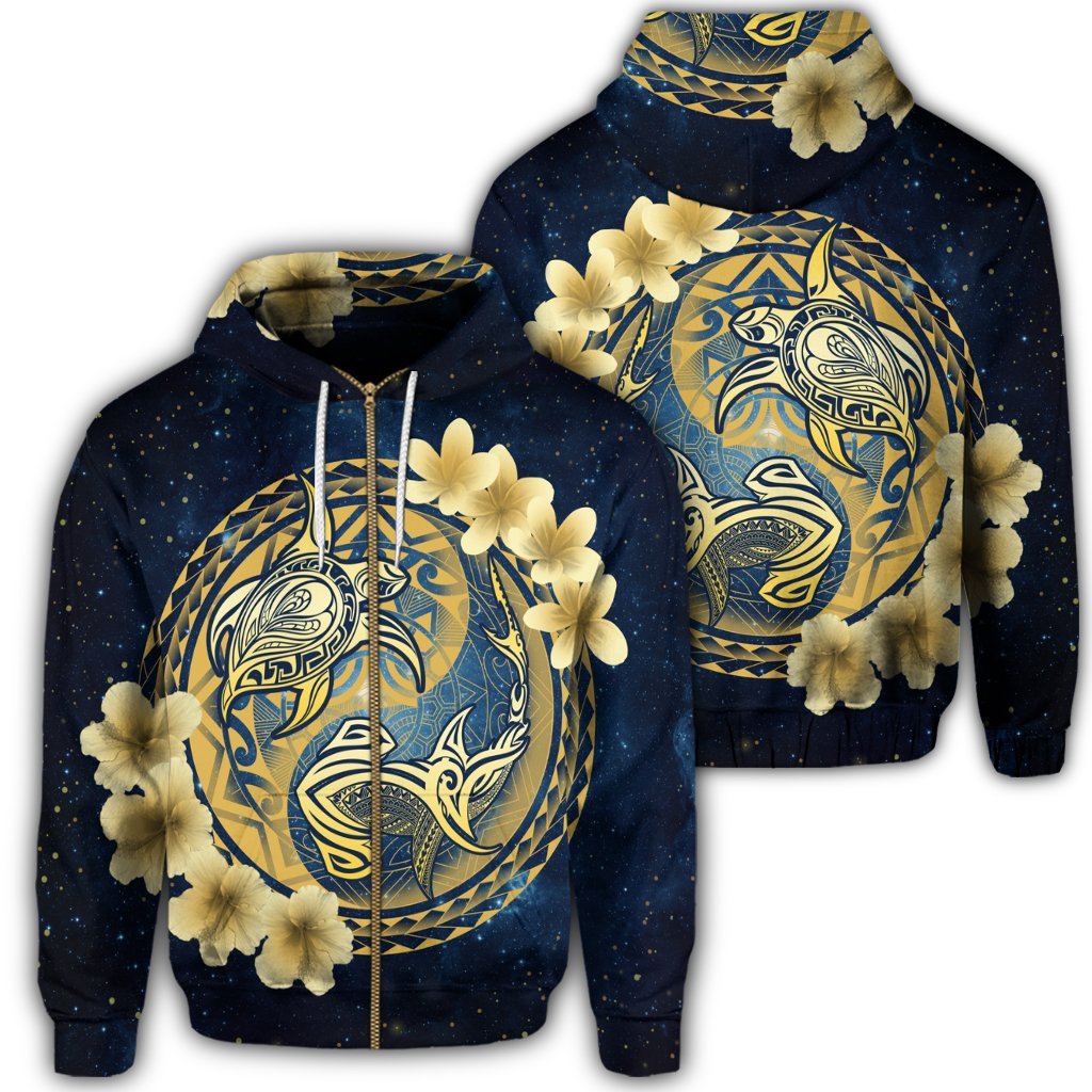 Hawaii Galaxay Yin Yang Turtle Shark Hibiscus Plumeria Zip Hoodie Unisex Art - Polynesian Pride