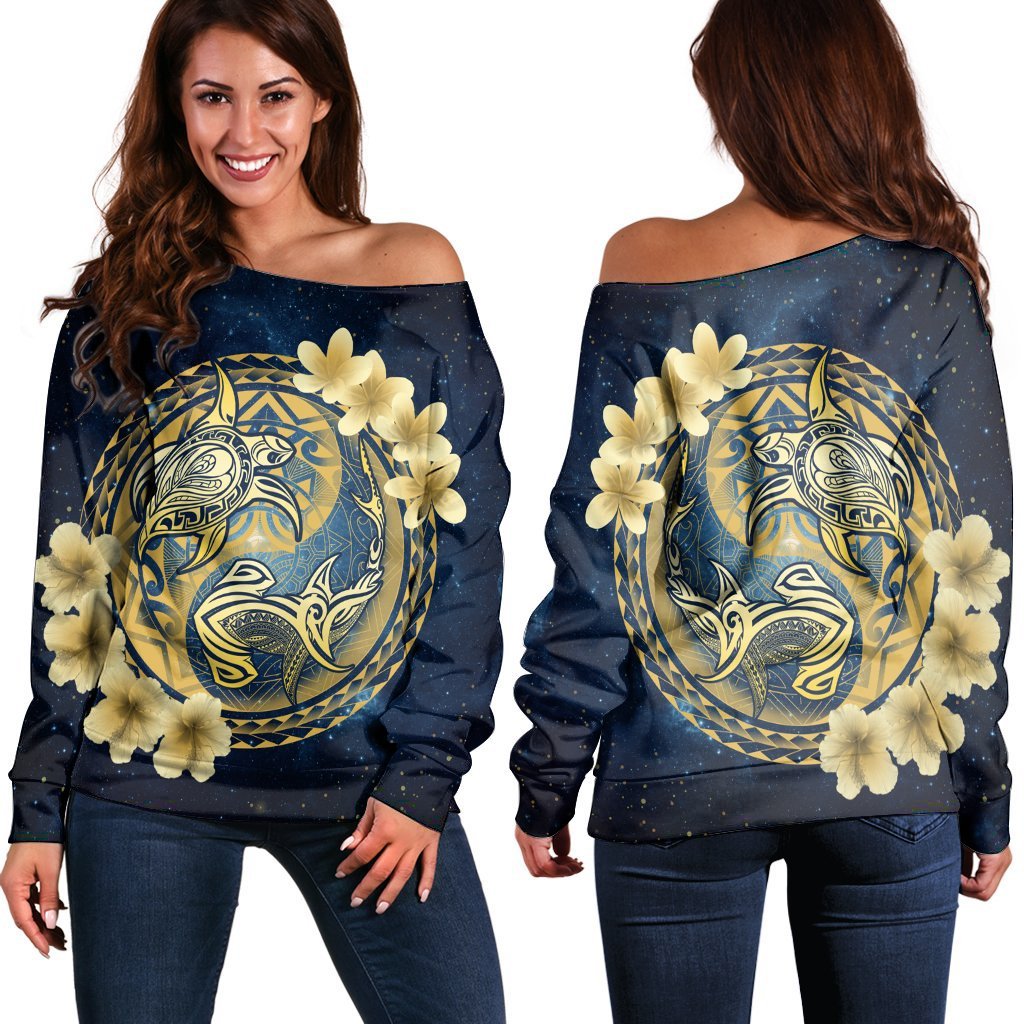 Hawaii Galaxay Yin Yang Turtle Shark Hibiscus Plumeria Women's Off Shoulder Sweater - AH Black - Polynesian Pride