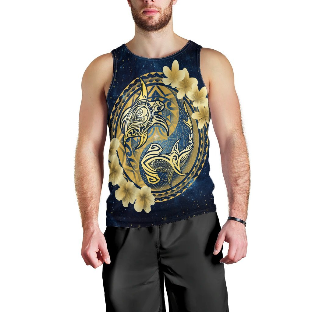 Hawaii Galaxay Yin Yang Turtle Shark Hibiscus Plumeria Tank Top - AH Black - Polynesian Pride