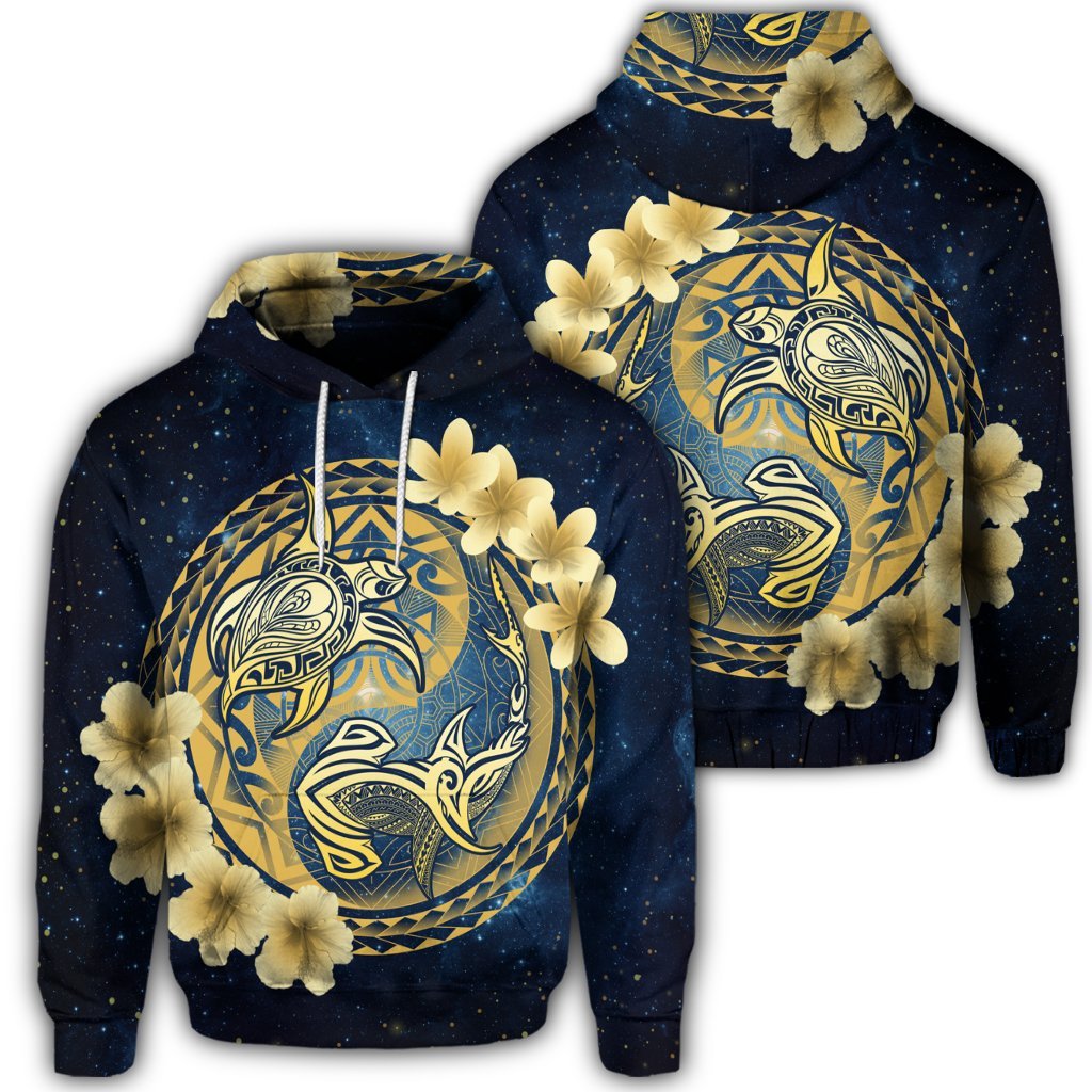 Hawaiian Galaxay Yin Yang Turtle Shark Hibiscus Plumeria Hoodie Unisex Art - Polynesian Pride