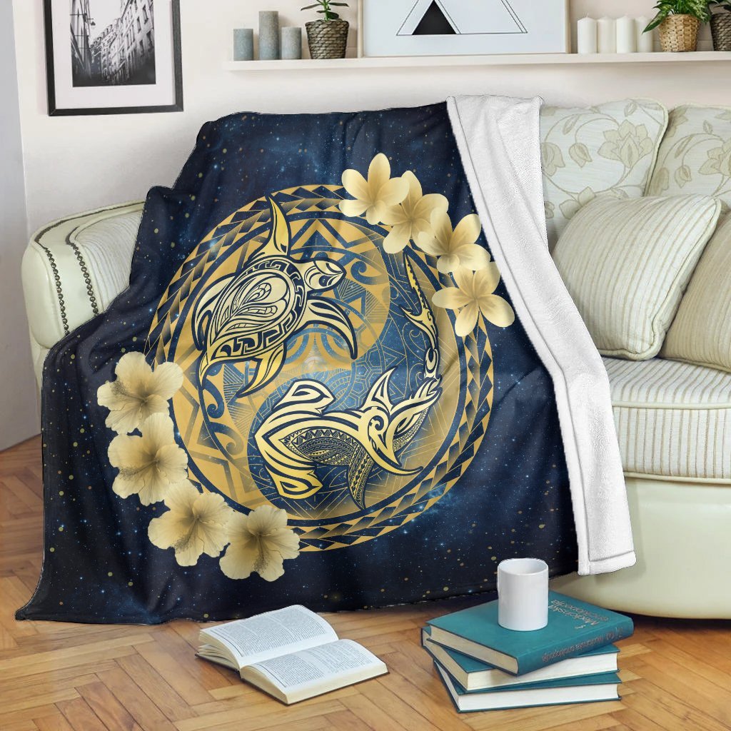 Hawaii Galaxay Yin Yang Turtle Shark Hibiscus Plumeria Premium Blankets - AH White - Polynesian Pride