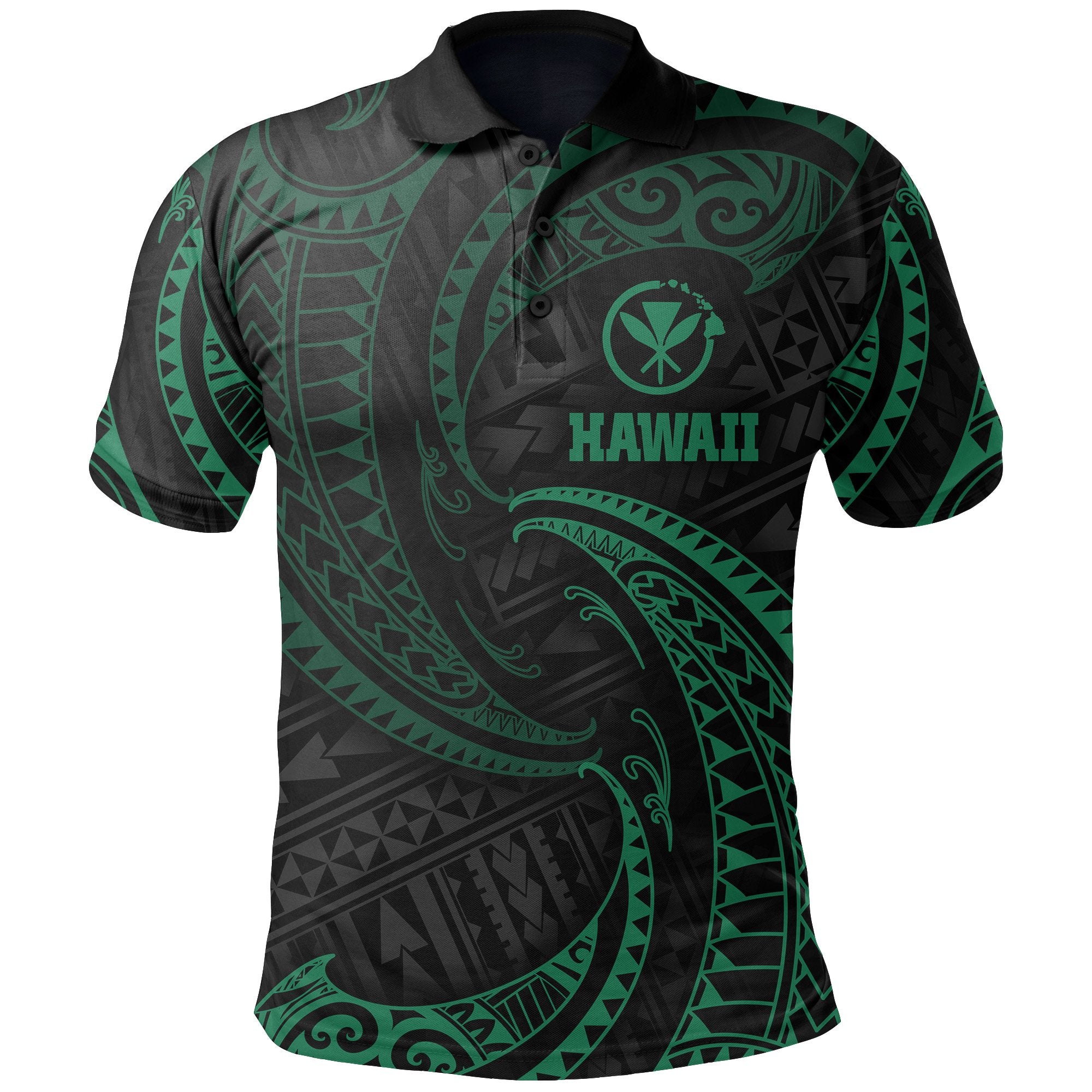 Hawaii Polynesian Polo Shirt Green Tribal Wave Green - Polynesian Pride