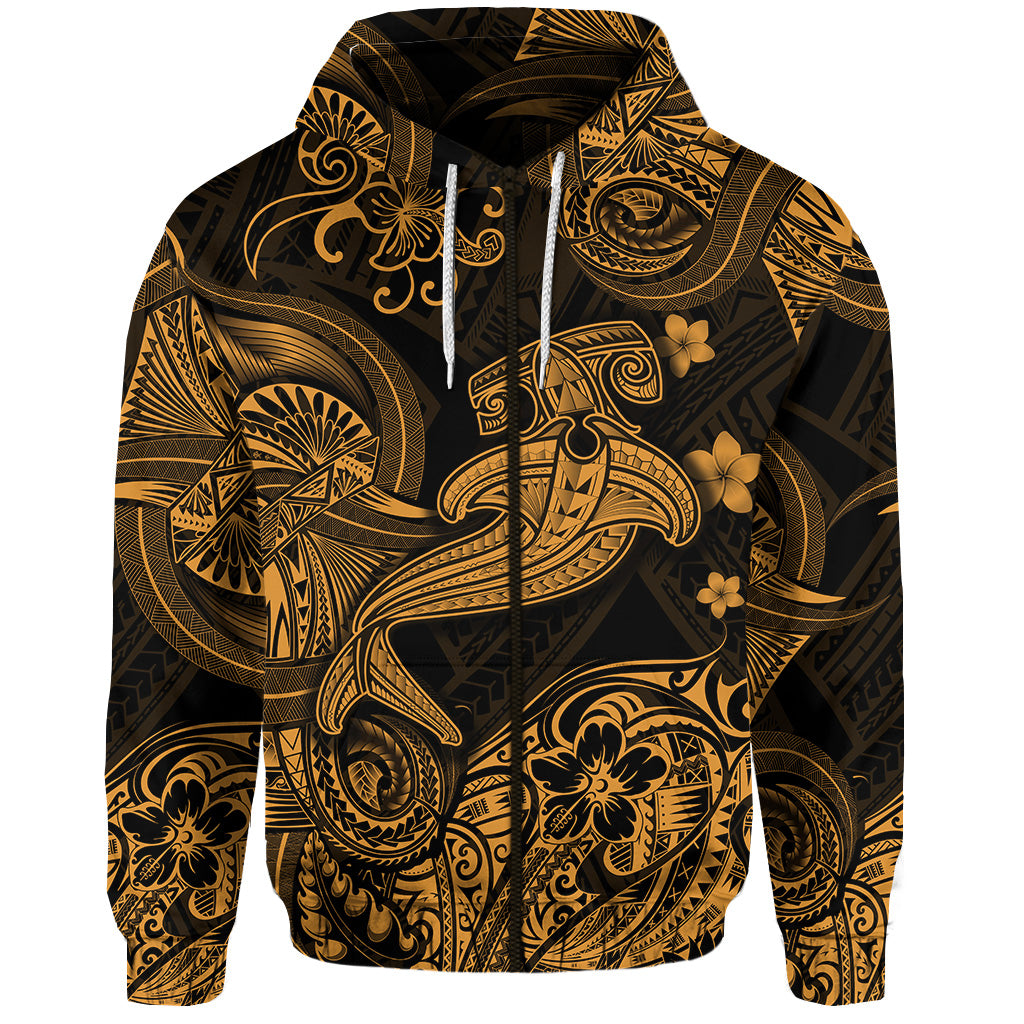 Custom Hawaii Hammer Shark Polynesian Zip Hoodie Unique Style Gold LT8 - Polynesian Pride