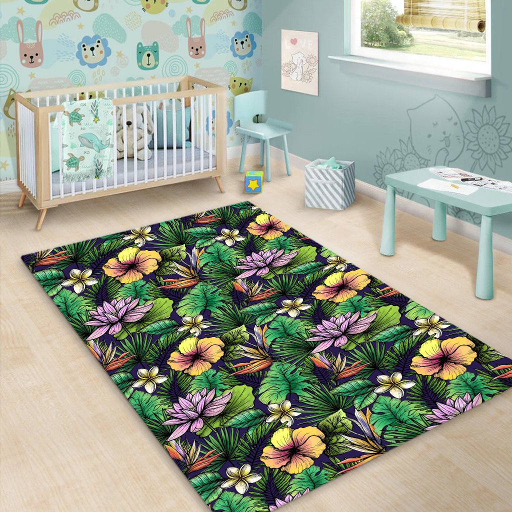 Hawaii Hibiscus And Plumeria Green Area Rug - AH - Polynesian Pride
