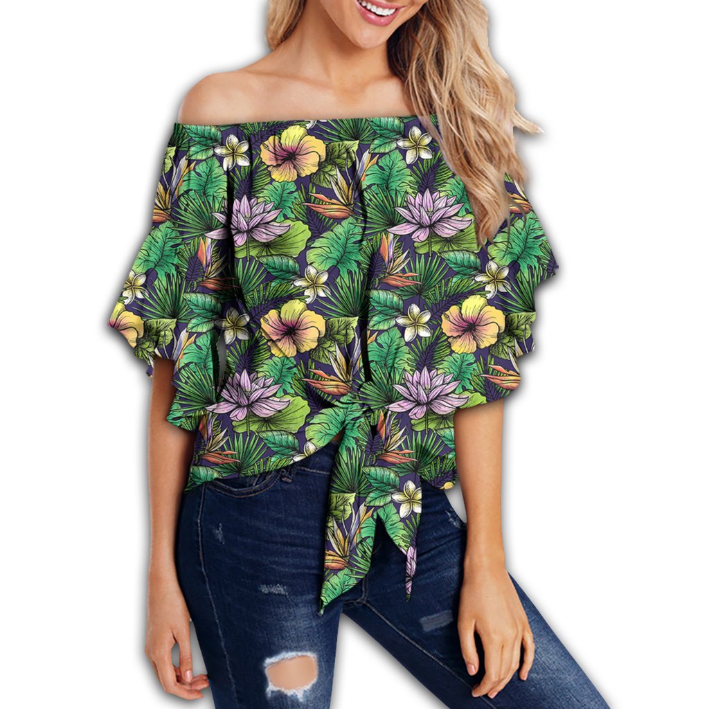 Hawaii Hibiscus And Plumeria Green Women's Off Shoulder Wrap Waist Top - AH - Polynesian Pride