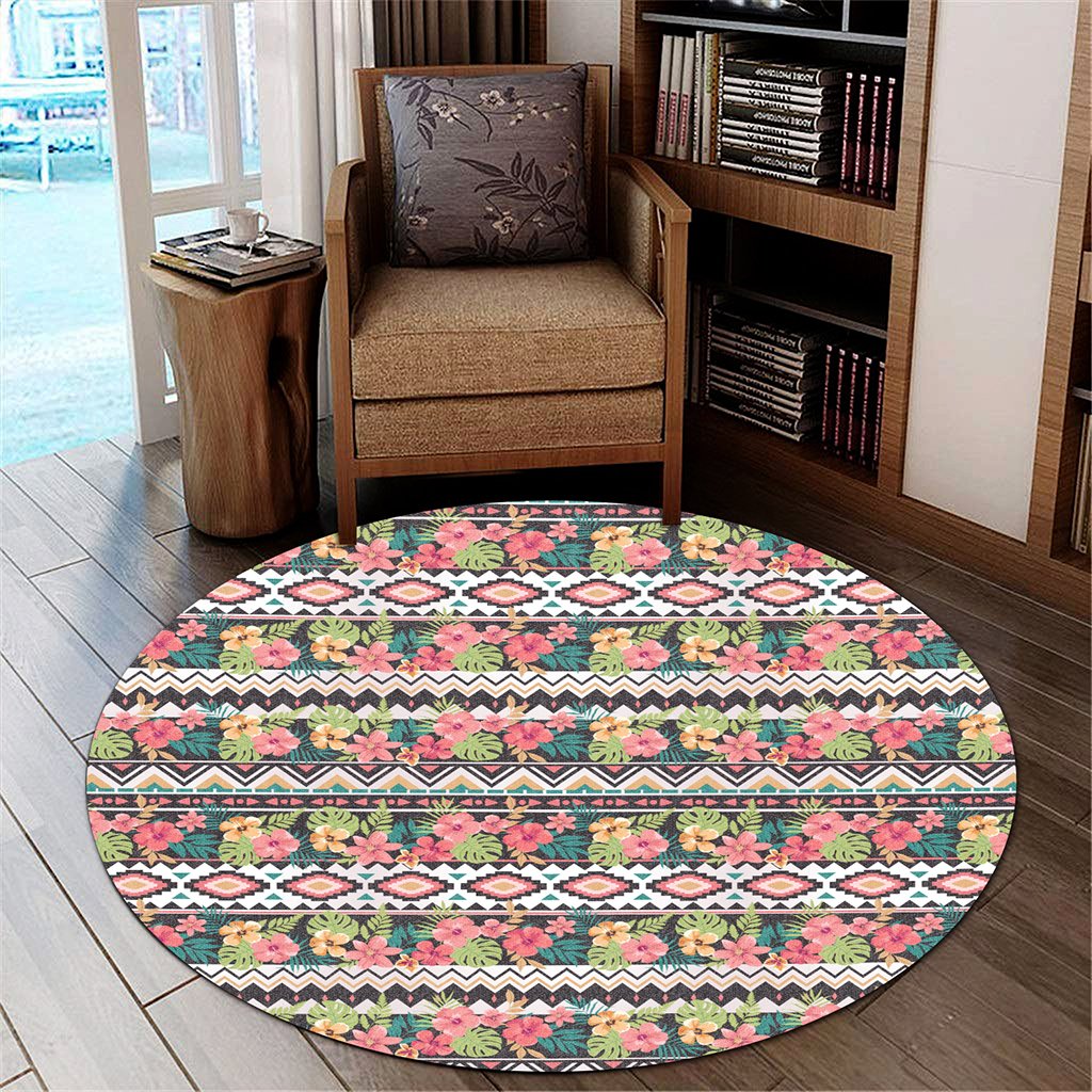 Hawaii Hibiscus Ethnic Mix Tropical Flower Round Carpet - AH Round Carpet Luxurious Plush - Polynesian Pride