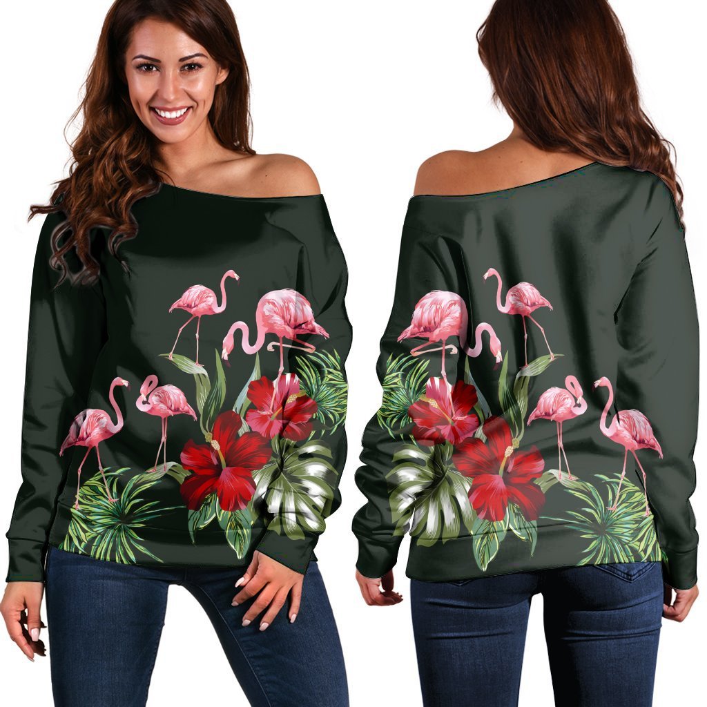 Hawaii Hibiscus Flamingo Women's Off Shoulder Sweater - AH Black - Polynesian Pride