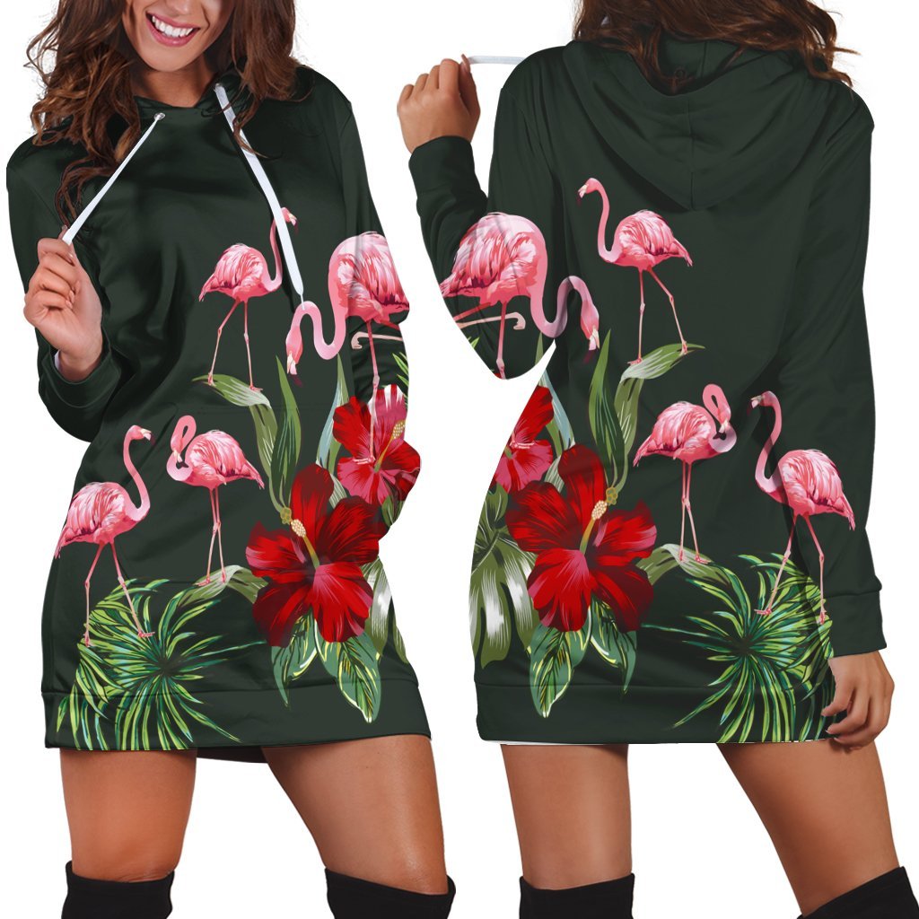 Hawaii Hibiscus Flamingo Hoodie Dress - AH Black - Polynesian Pride