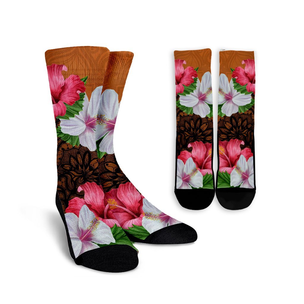 Hawaii Hibiscus Flower Polynesia Crew Socks - AH Crew Socks White - Polynesian Pride