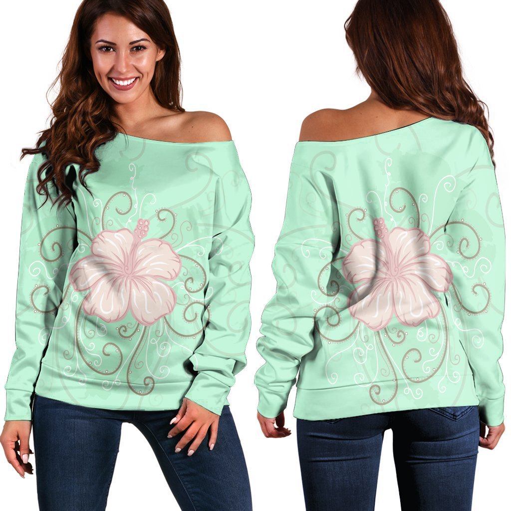 Hawaii Hibiscus Pastel Women's Off Shoulder Sweater - AH Black - Polynesian Pride