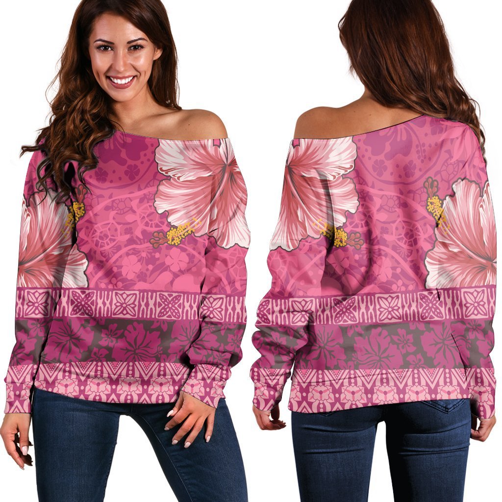 Hawaii Hibiscus Pattern Women's Off Shoulder Sweater - Ver 2 - AH Black - Polynesian Pride