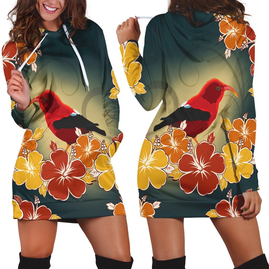 Hawaii Honeycreeper Hibiscus Hoodie Dress - AH Black - Polynesian Pride