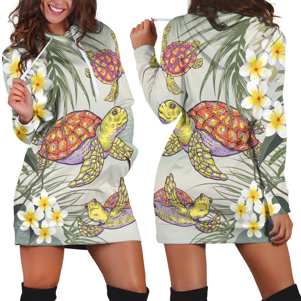 Hawaii Honu Chibi Sea Plumeria Hoodie Dress - AH Black - Polynesian Pride