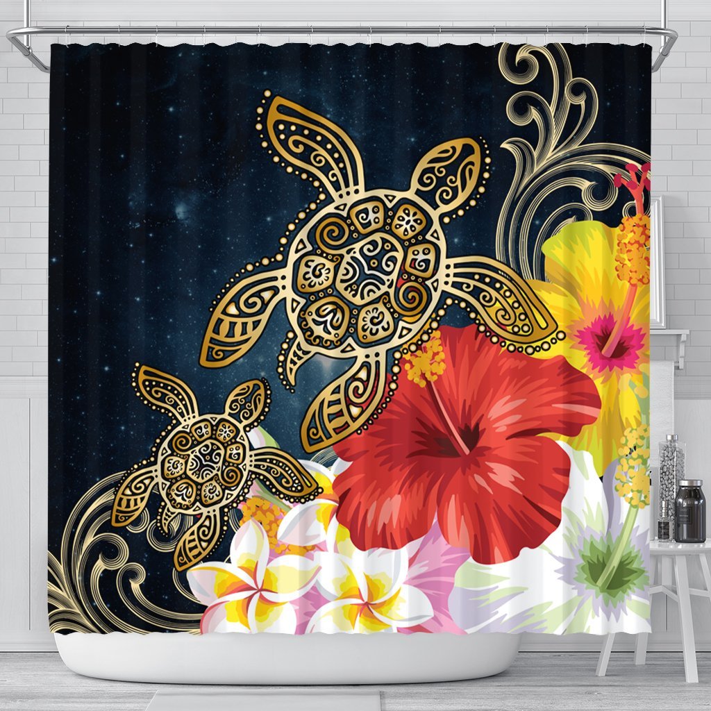 Hawaii Honu Hibiscus Galaxy Shower Curtain - AH 177 x 172 (cm) Black - Polynesian Pride