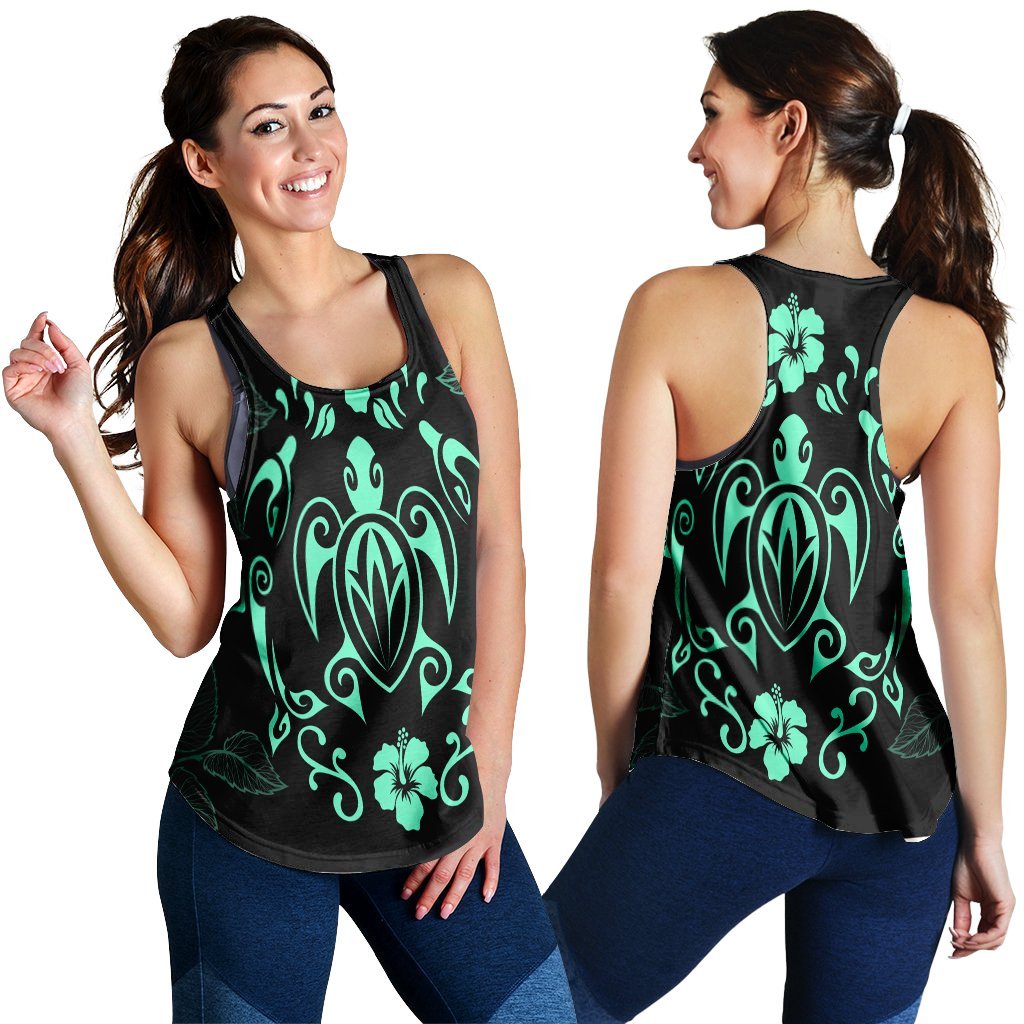 Hawaii Honu Turtle Dolphin With Plumeria Racerback Tank - AH Black - Polynesian Pride