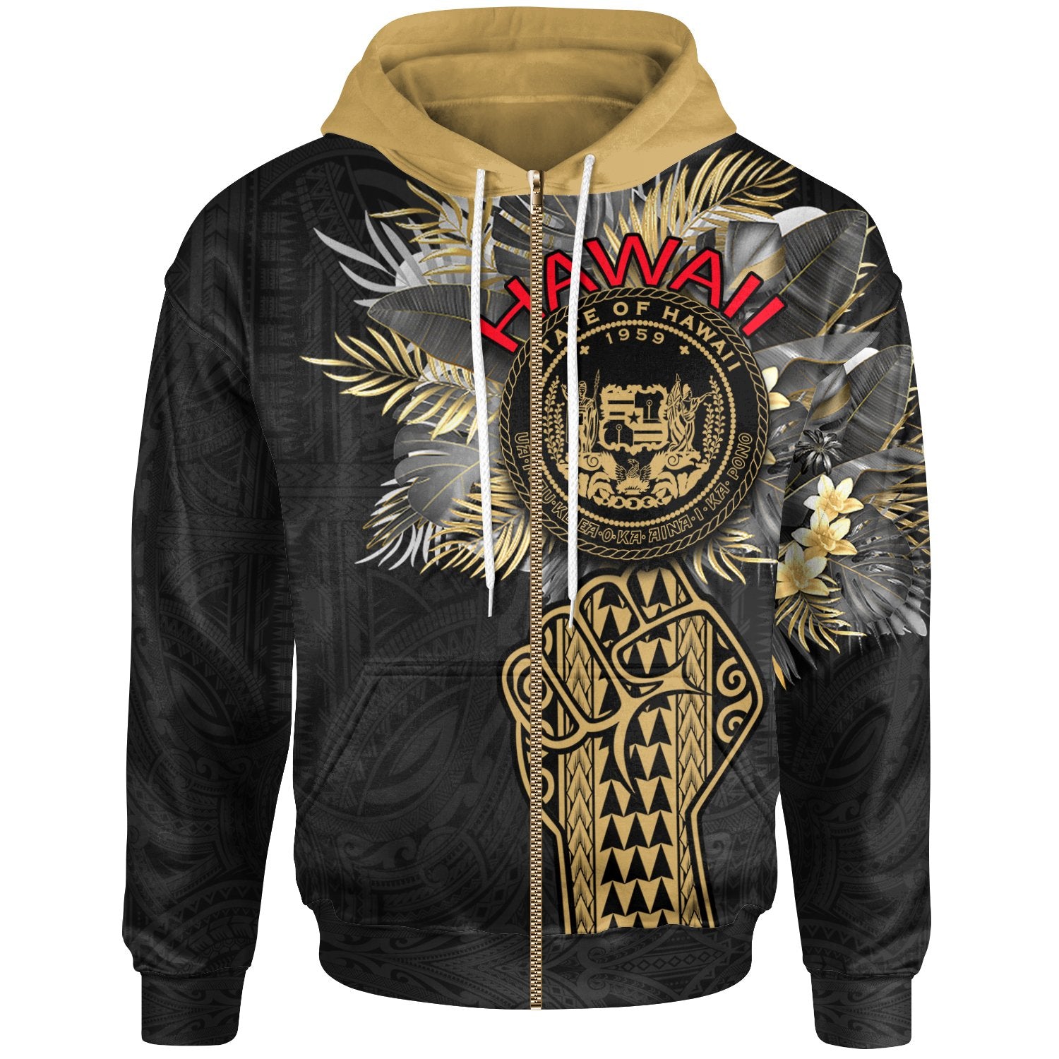 Hawaii Zip up Hoodie Coat of Arm Clenched Fist Unisex Black - Polynesian Pride