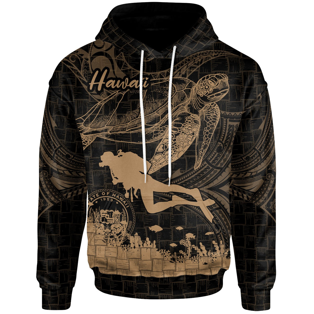 Hawaii Hoodie Scuba Diving With Turtle Unisex Gold - Polynesian Pride