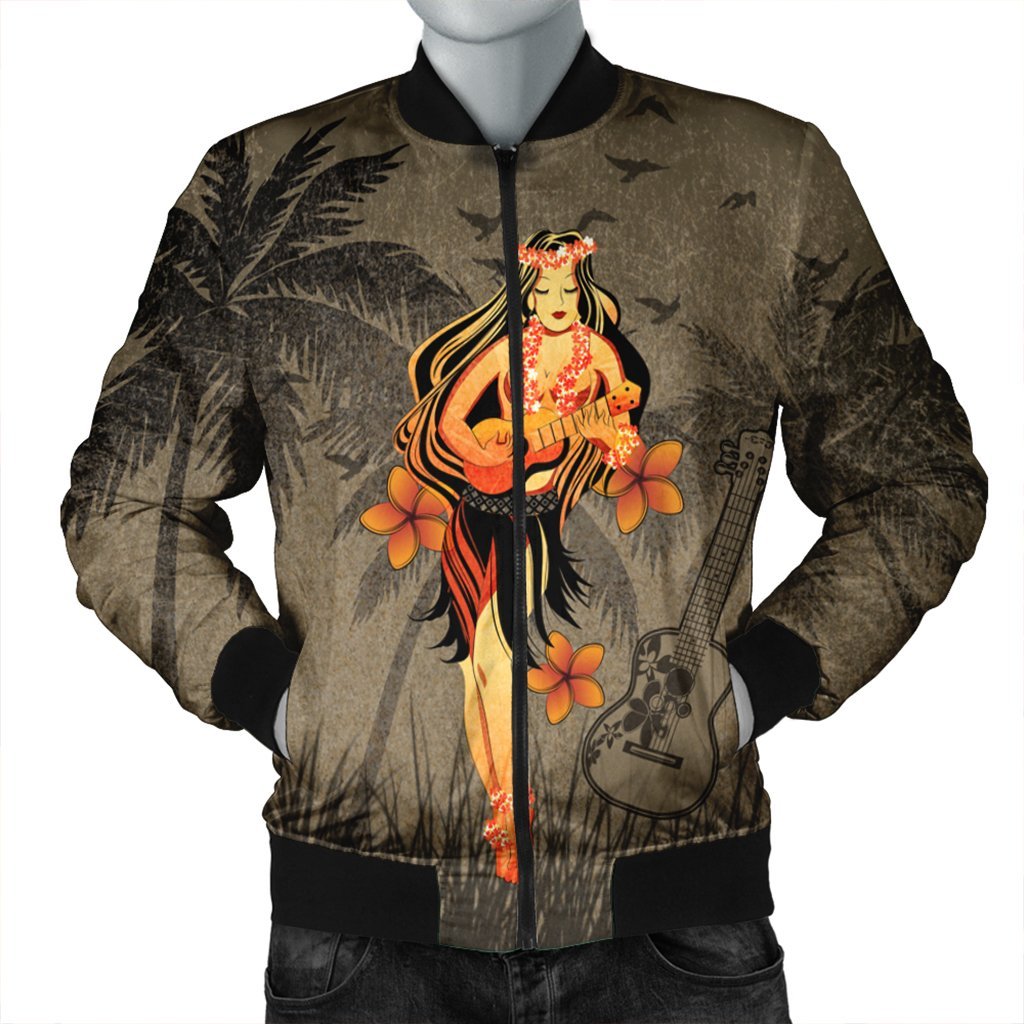 Hawaii Hula Girl Ukulele Plumeria Bomber Jacket - AH Black Unisex - Polynesian Pride