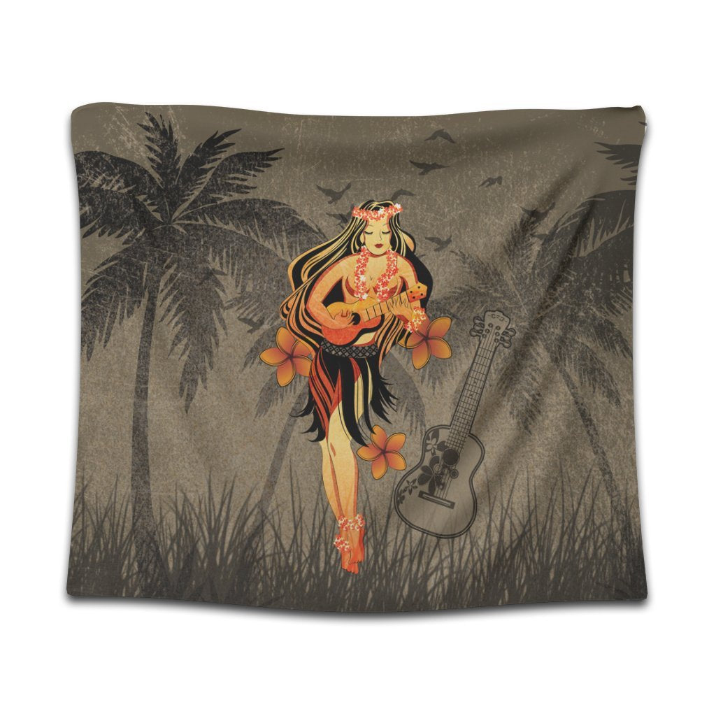 Hawaii Hula Girl Ukulele Plumeria Tapestry - AH Wall Tapestry Black - Polynesian Pride