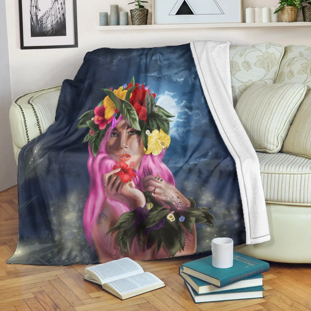 Hawaii Kanaka Colorful Hula Girl Premium Blankets - Dinh Style White - Polynesian Pride